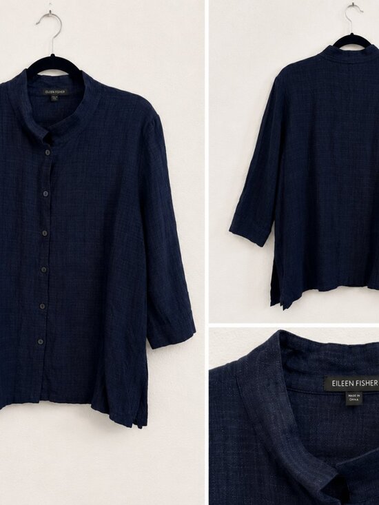 Eileen Fisher Tops - Eileen Fisher Navy Linen Blend Mandarin Collar Shirt | Size Large